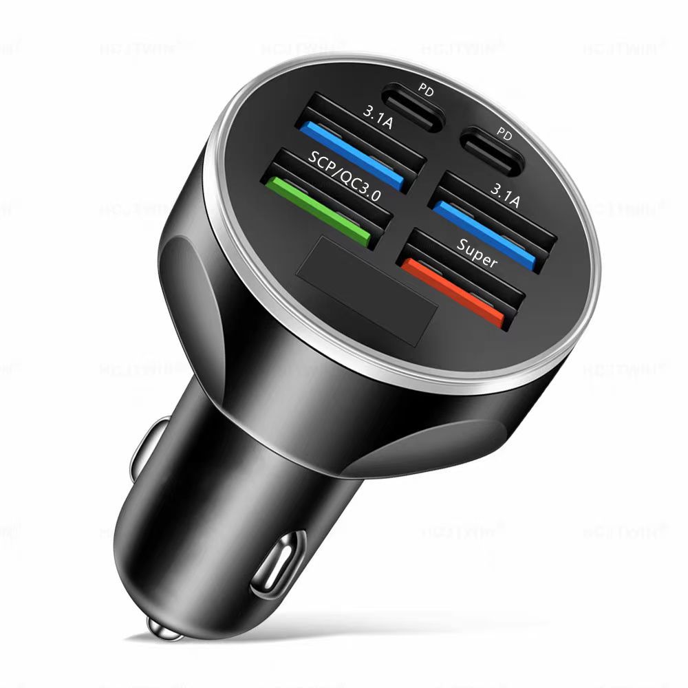 New 6-Port Digital Display Car Charger 66W Fast Charging Six-In-One Super Fast Charging Car Charger Pd Mobile Phone Charging Head