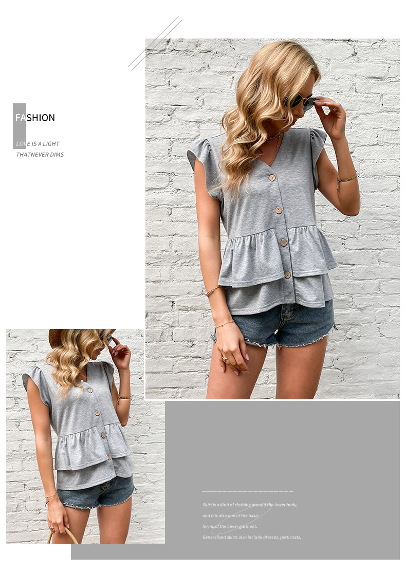 Solid Color Ruffled Gray V-neck Casual Short-sleeved T-shirt_voghion.com