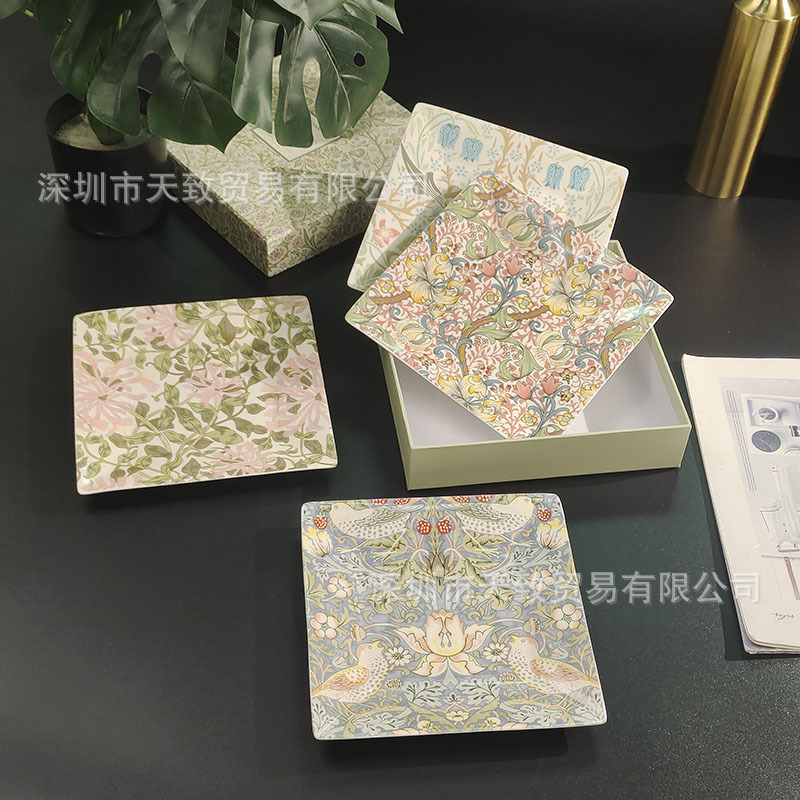 British Porter's Bone China Square Plate with Exquisite Plant and Flower Patterns, Home Dining Plate, Snack Plate, Four Plates for Gift Giving