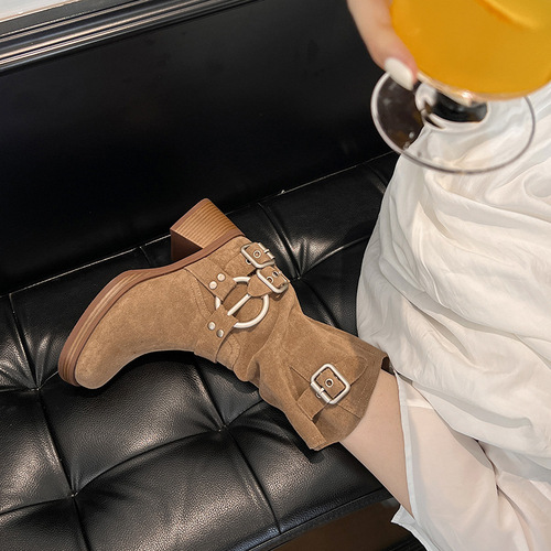 2024 New Summer Thin Western Cowboy Boots for Women, Thick Sole, Slimming Short Boots, Brown Mid-Calf Boots, Elegant Knight Boots