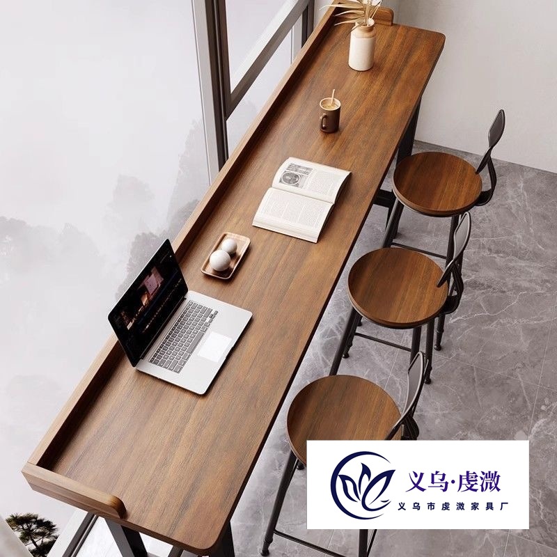 Simple Wall-Mounted Home Bar Table, Solid Wood Bar Table, Window-Side Leisure Balcony, Long-Legged High-Legged Table and Chair, Narrow Table Combination