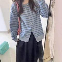 复古撞色条纹开衫外搭毛衣女秋季2025新款慵懒风韩系针织上衣外套