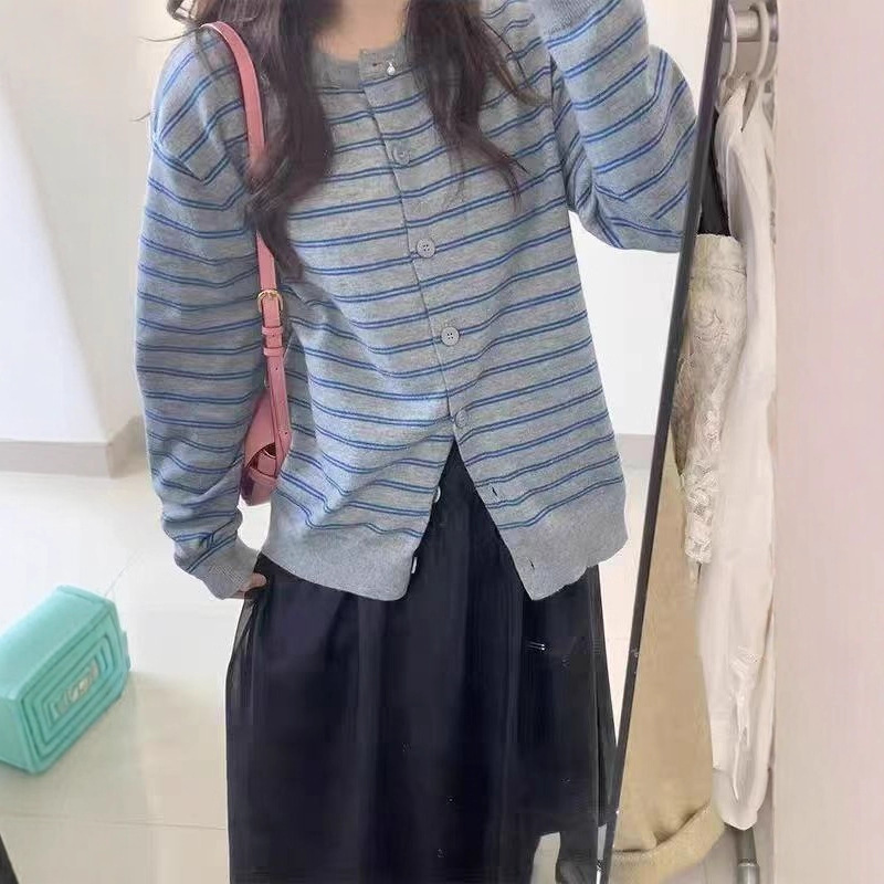 复古撞色条纹开衫外搭毛衣女秋季2025新款慵懒风韩系针织上衣外套|undefined