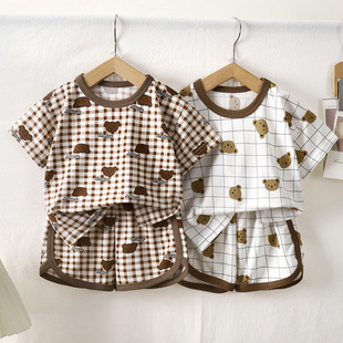 New Children's Summer Short-Sleeved Shorts Pajamas for Boys and Girls Casual Thin Plaid Cartoon Home Clothes Set