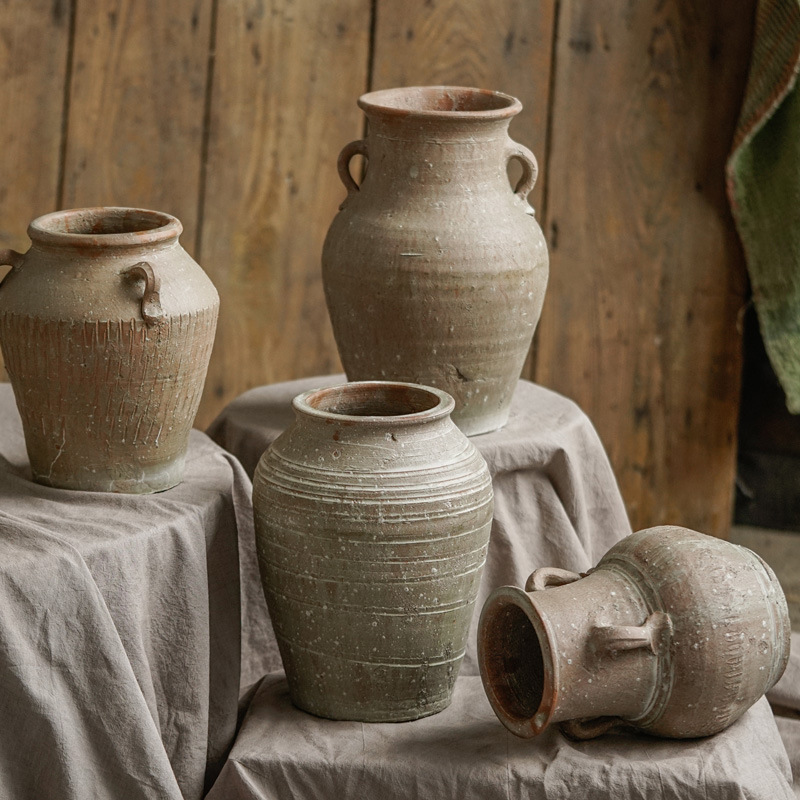 Handmade baked retro binaural earthen ceramic vase living room floor decoration stoneware Flower Arrangement Vase