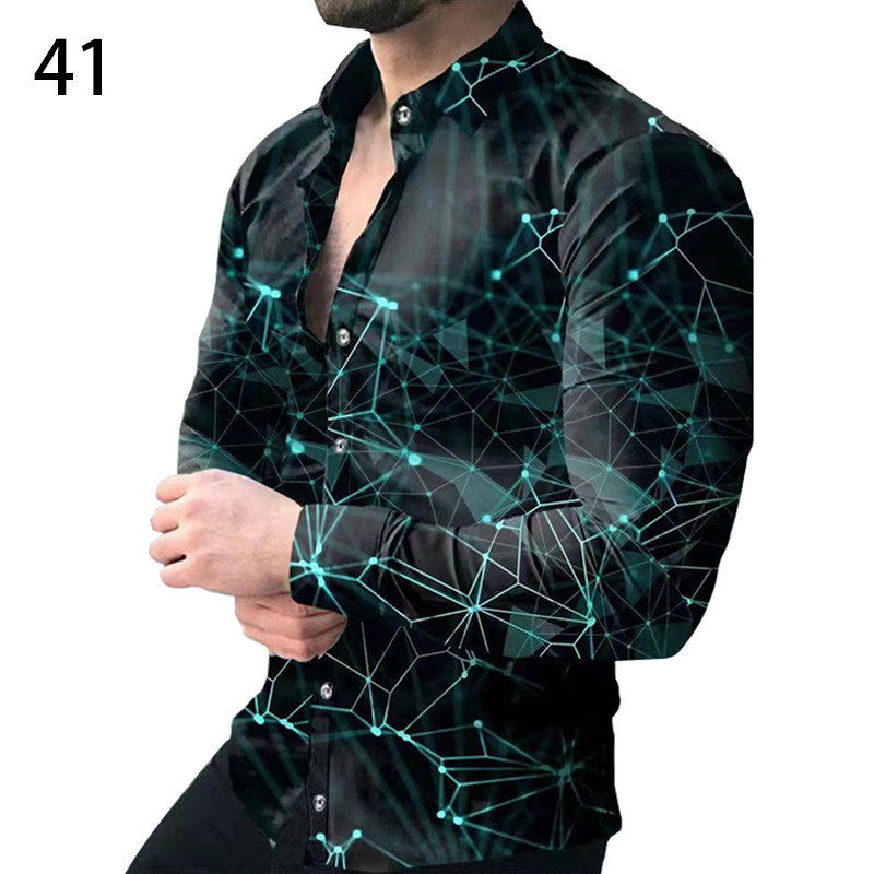 Comercio exterior 2023 primavera nuevos hombres gradiente de impresión digital solapa camisa de manga larga camisa casual de los hombres