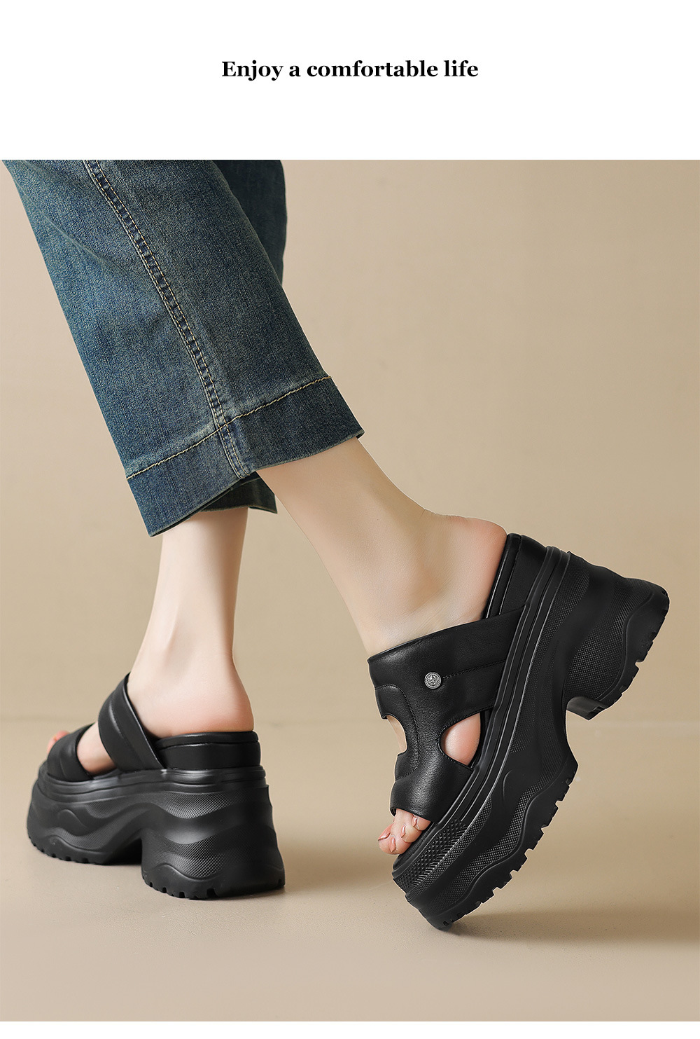 Dép sandal cao gót nữ hở mũi quai ngang da thật đế dày — Màu đen, Màu trắng chi tiết 9