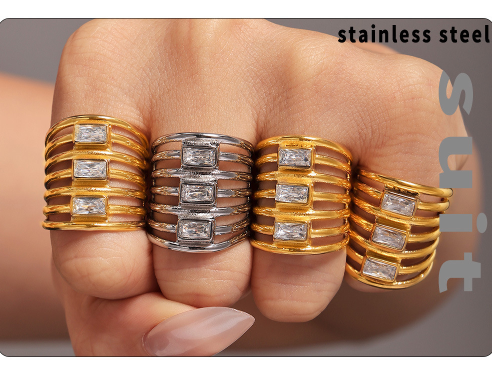 Square Sugar Multi Layer Square Zircon Exaggerated Ring Women's Fashion Hollow Out Versatile Stainless Steel Non Fading Finger Ring_voghion.com