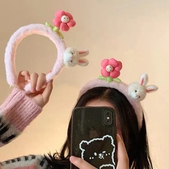 かわいいウサギのピンクの花ぬいぐるみヘッドバンド女性の洗顔とマスク特別なヘアピンヘッドバンドヘアアクセサリー秋冬