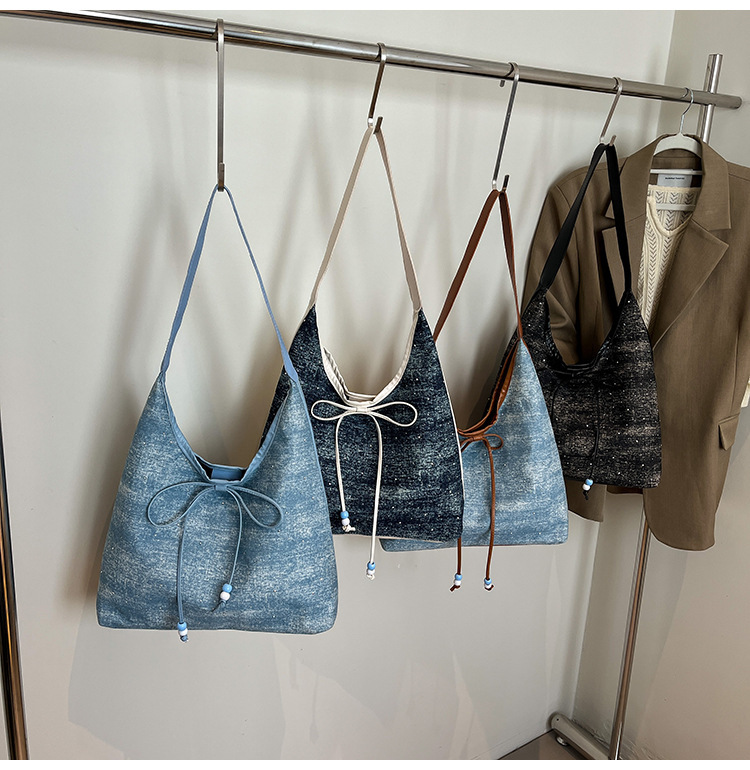 615g Weight String Closure Type Single Shoulder Strap Strap Type Shoulder Bag Bags Type Casual, Holiday Occasion Denim Material Sequins Pattern All Seasons Season Women's Gender Elegant, Streetwear Style Dumpling Shape Shape Women's Denim Sequins Elegant Streetwear Dumpling Shape String Shoulder Bag 13