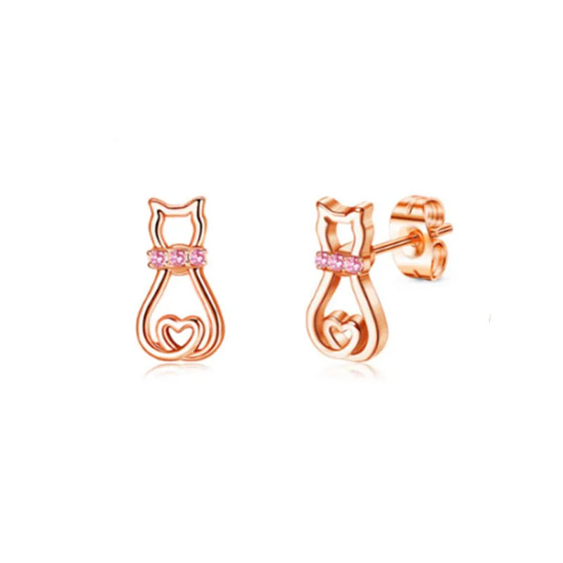 Rose Gold Diamond Heart Butterfly Cat Stud Earrings Set_voghion.com
