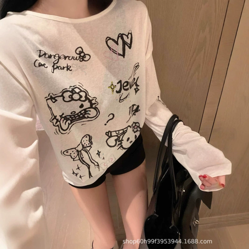 25 новых летних дизайнерских блузок с защитой от солнца, свободная прозрачная блузка с изображением кота и горячими бриллиантами