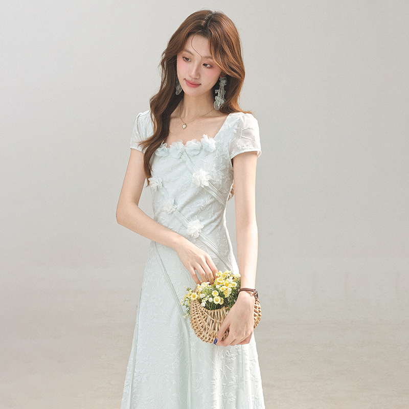 【Qinglu Mianhua】New Summer Elegant High-end Blue Dress for Women, Waist-cinching Long Dress for Dating 【Qinglu Mianhua】New Summer Elegant High-end Blue Dress for Women, Waist-cinching Long Dress for Dating