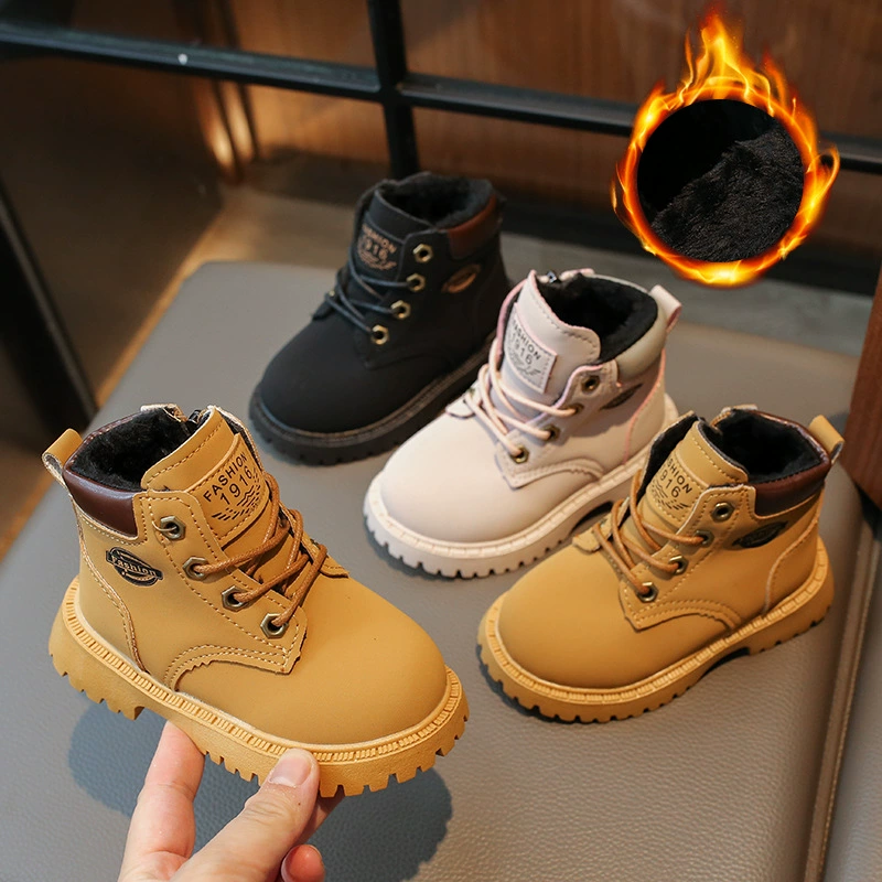 Зимние детские сапоги 2025 года с флисовой подкладкой, теплые хлопковые ботинки, желтые сапоги для мальчиков, обувь для девочек, ботинки в стиле Мартин.