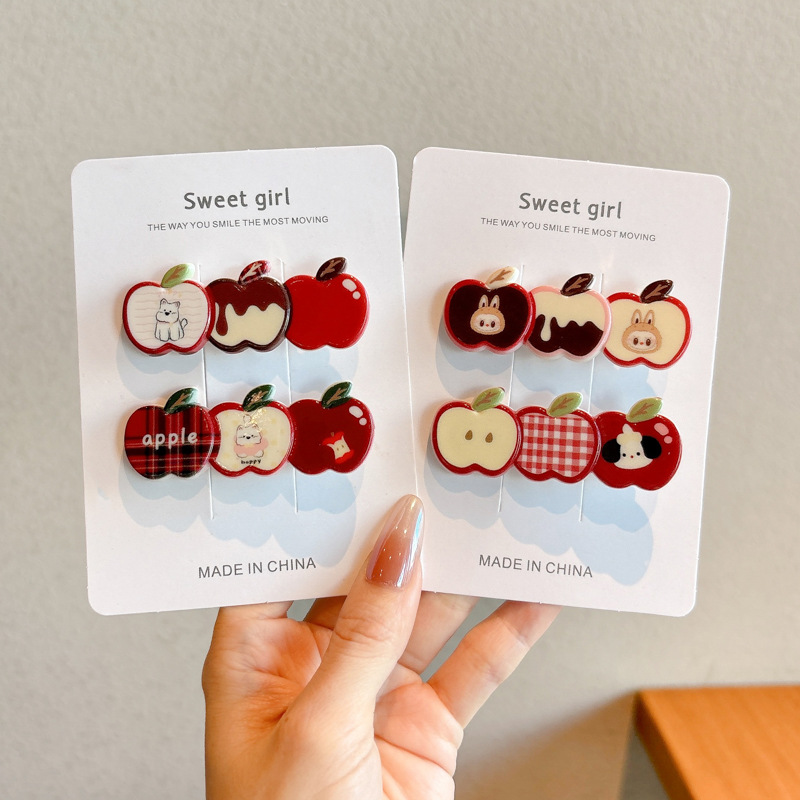Dulce encantador dibujos animados manzanas accesorios para el cabello de chicas un clip de pelo no daña el cabello lateral clip de pelo roto al por mayor