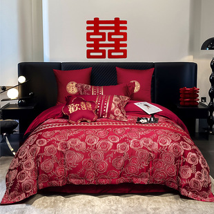 New Chinese High-end Cotton Wedding Four-piece Cotton Bed Sheet Quilt Cover Big Red Wedding Bedding
