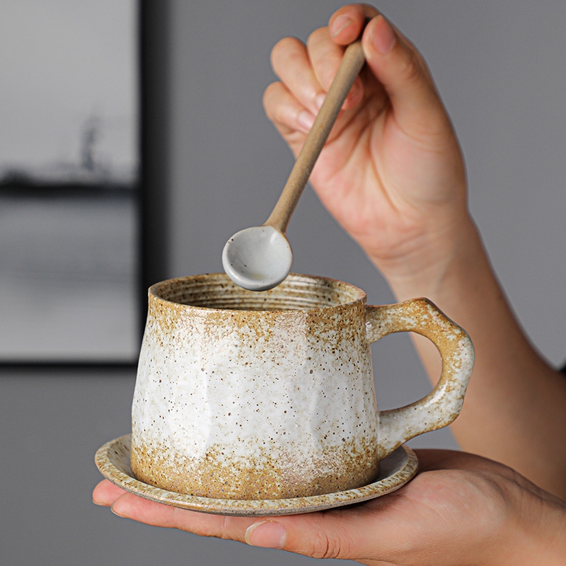 Cross-border retro stoneware coffee cup and saucer suit ceramic creative mug with spoon and ear hanging Cup Japanese handmade