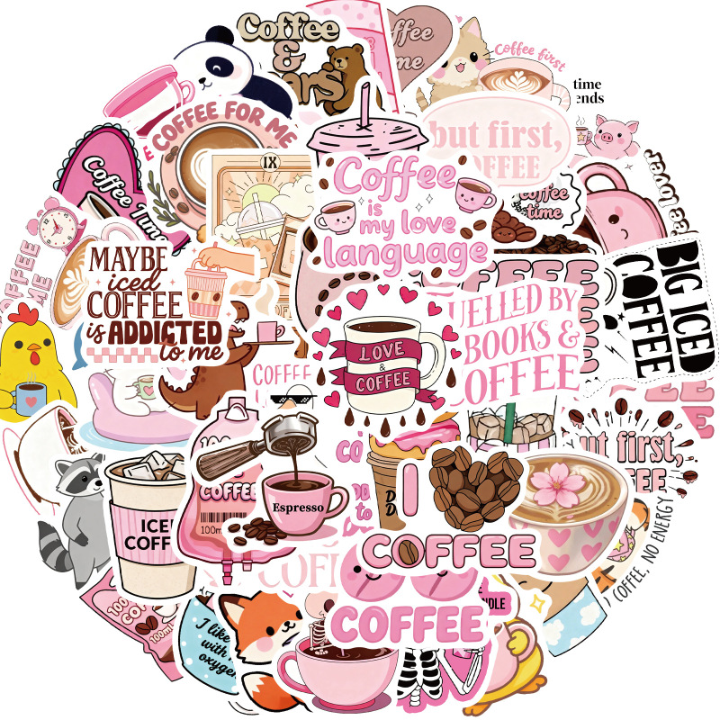 50 Sheets/2 Styles of Cross-Border Funny Coffee Time Pink Coffee Stickers for Decorating Thermos Cups and Notebooks