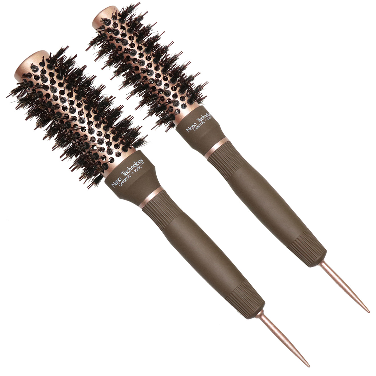 咖啡色陶瓷圆滚梳导热猪鬃毛造型梳内扣大波浪卷发梳发廊美发梳