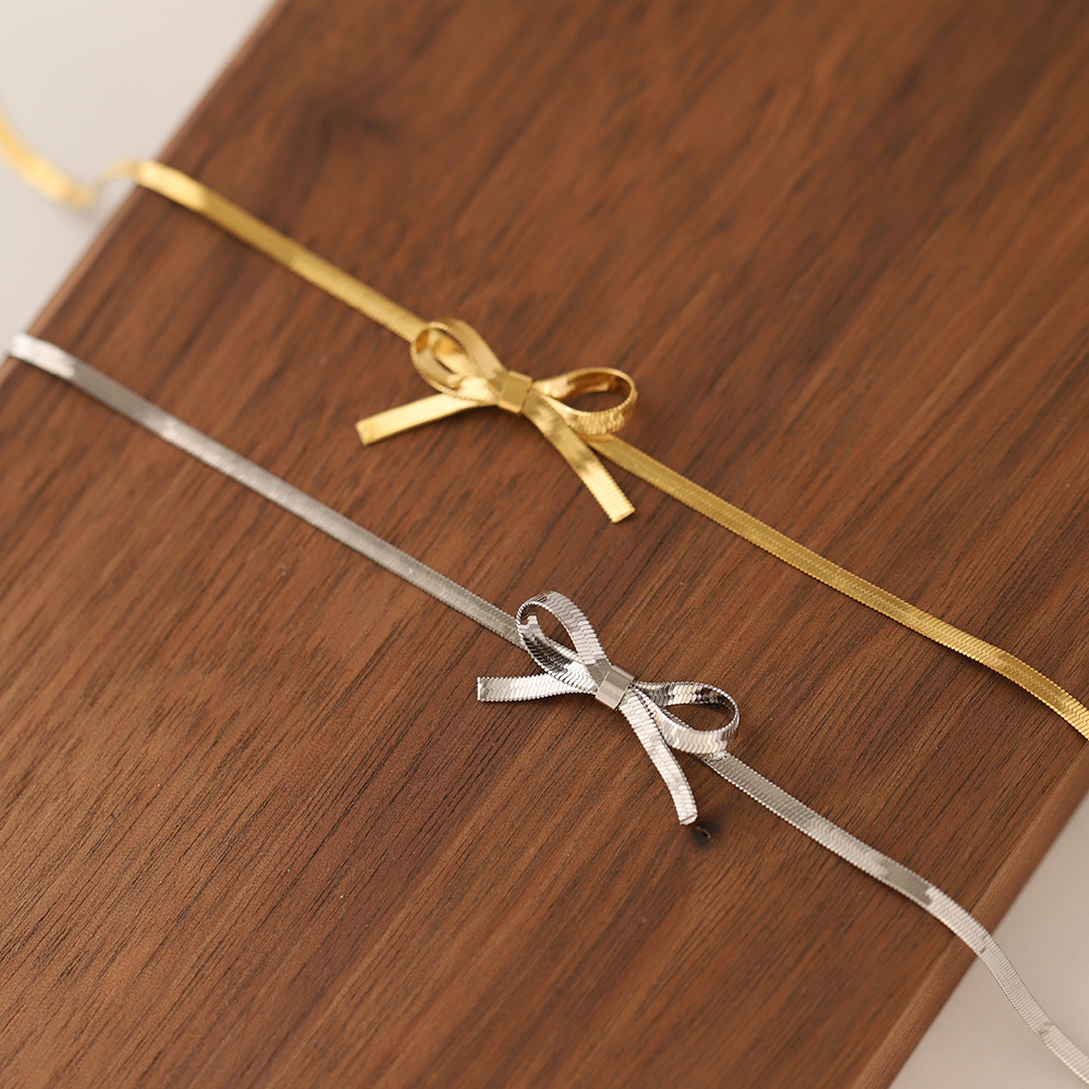 304 Stainless Steel Pendant Material Choker Classification PVD Coated Real Gold Plated 18K Gold Solid Color Bow Knot 304 Stainless Steel IG Style Simple Style Waterproof Non Tarnish 304 Stainless Steel Choker