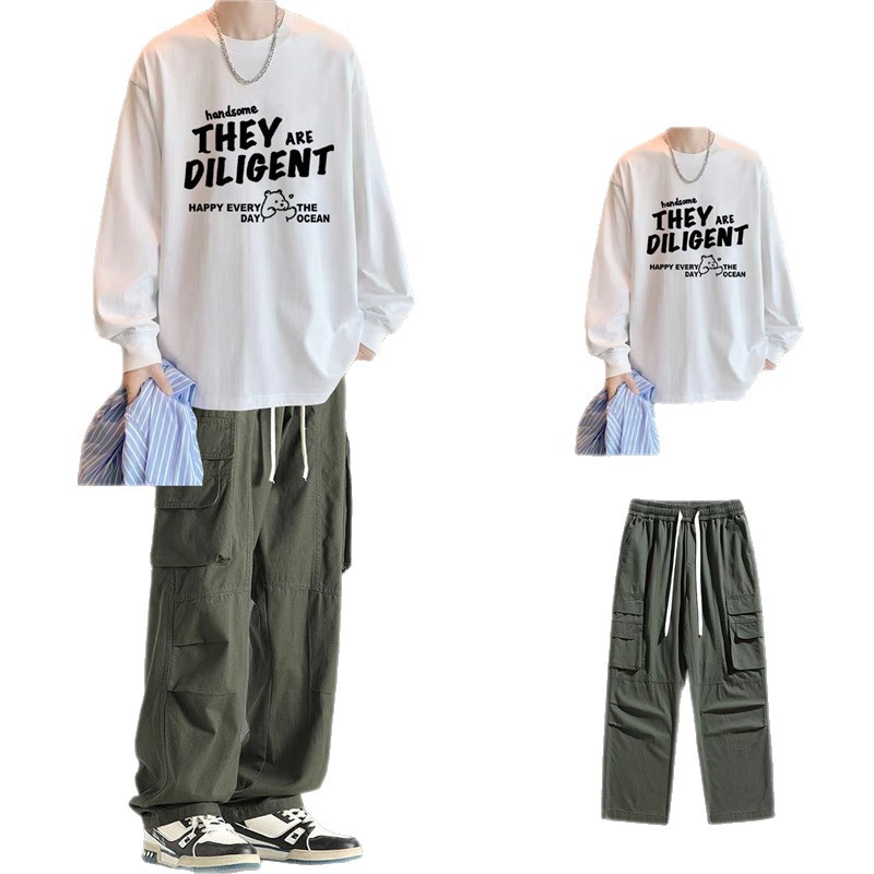 001 2025 New Men's Clothing For Teenagers Students Autumn Hong Kong Style Long Sleeve T-Shirt Set With Cargo Pants_voghion.com