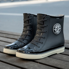 [One-stop service] Waterproof shoes women's rain boots short tube student Korean version fleece cotton warm anti-slip rain boots plastic 