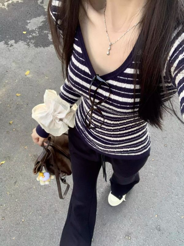 蓝白条纹V领针织衫女2025春秋新款美式复古修身显瘦短款套头上衣|undefined