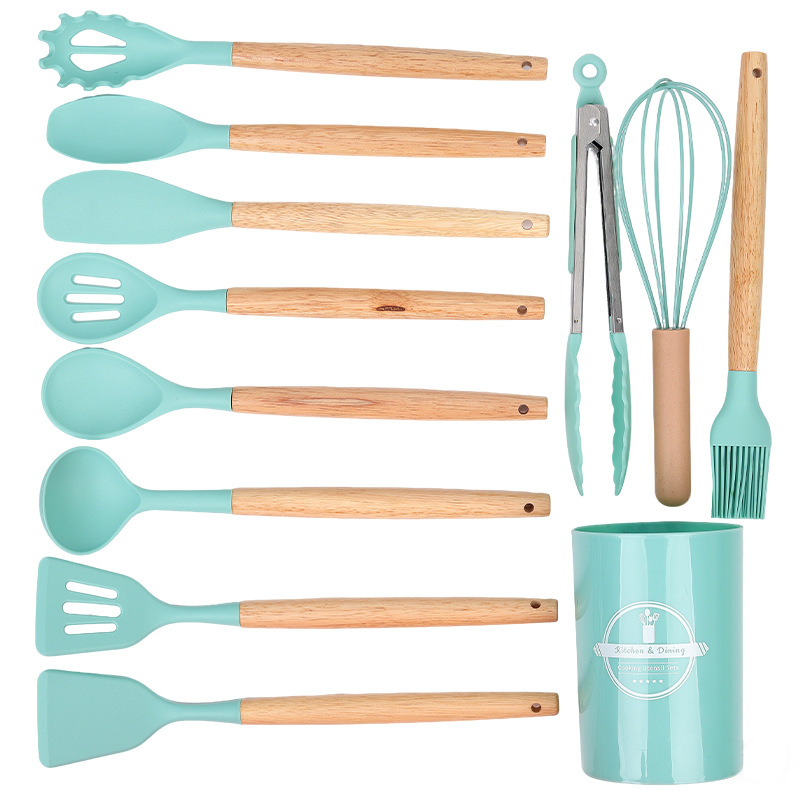 Cocina de cocina transfronteriza de silicona con mango de madera 12 piezas para cocinar cocina antiadherente olla de silicona cuchara colador pala nuevo