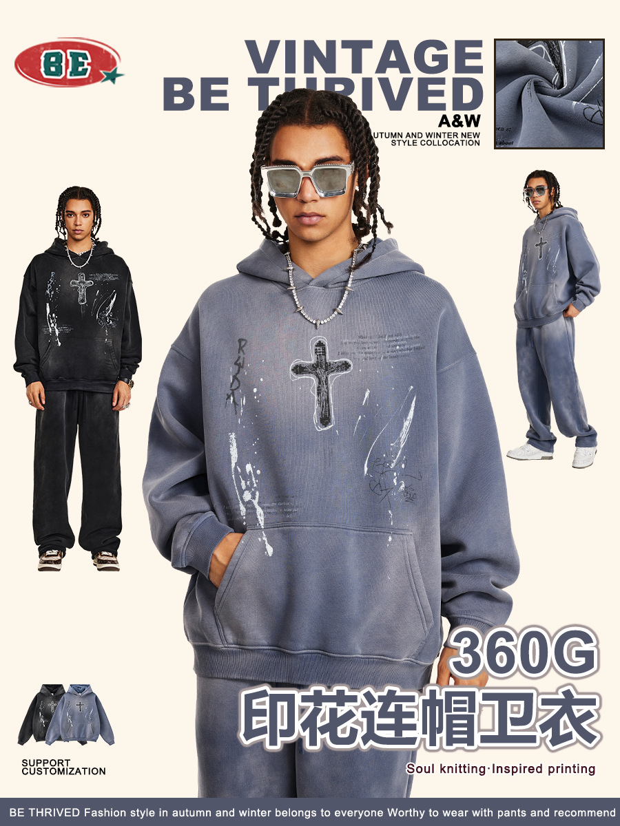 Be Hombres| 2025 otoño americano callejera suelta pintada a mano pareja ropa de moda inns pintado punto chaqueta con capuz para hombre image 1