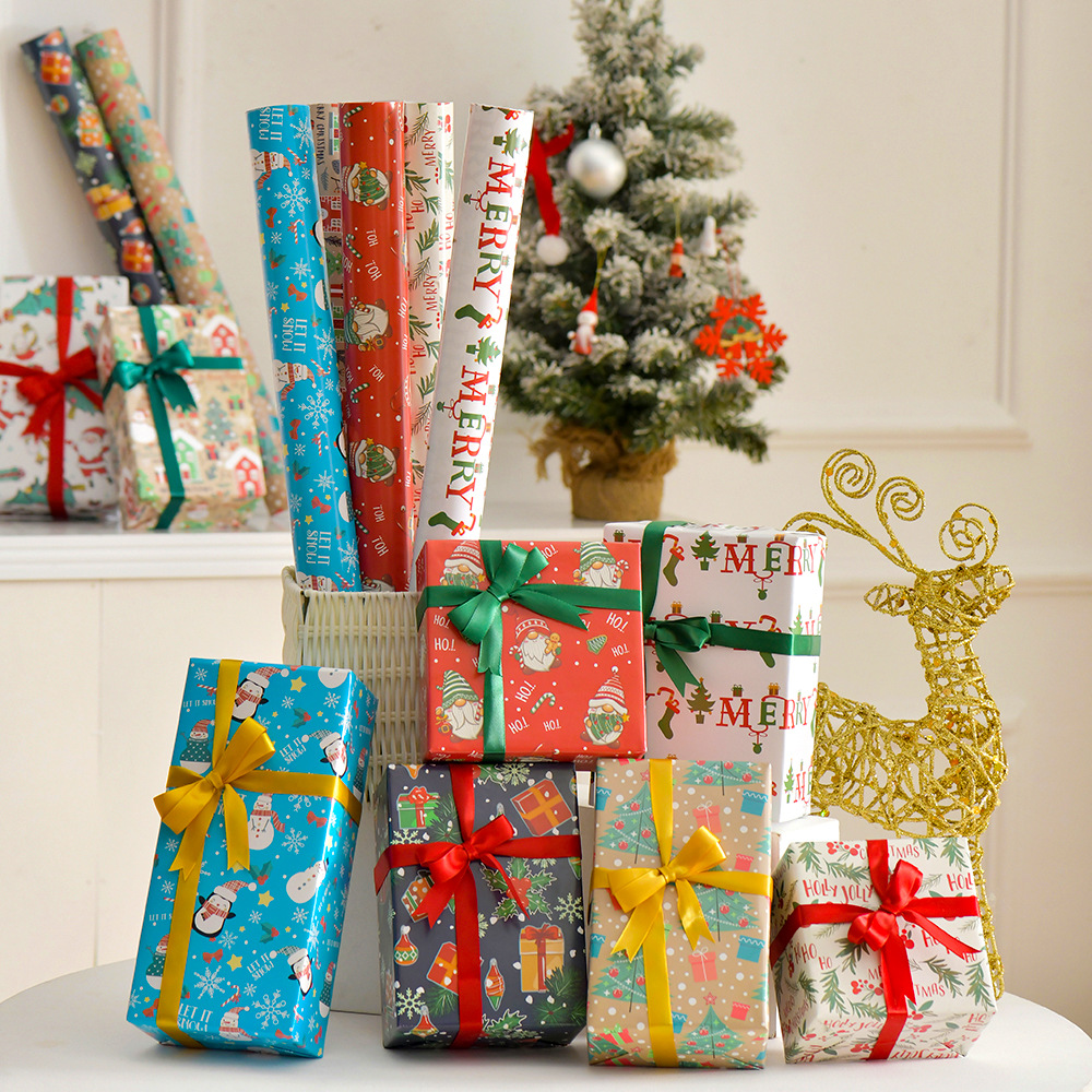 Nuevo papel recubierto brillante papel de regalo de navidad papel de regalo muñeco de nieve de dibujos animados árbol de navidad papel de regalo