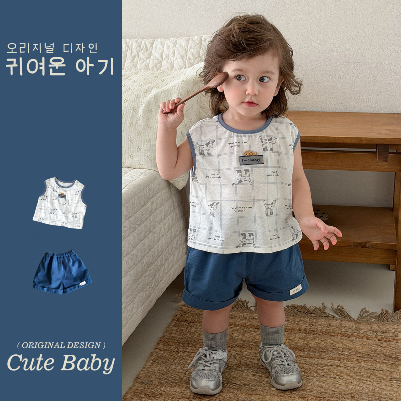 Baby Boy's Handsome Sleeveless Suit, Printed Cow Vest Top, Blue Casual Shorts, Two-Piece Summer Children's Clothing Baby Boy's Handsome Sleeveless Suit, Printed Cow Vest Top, Blue Casual Shorts, Two-Piece Summer Children's Clothing