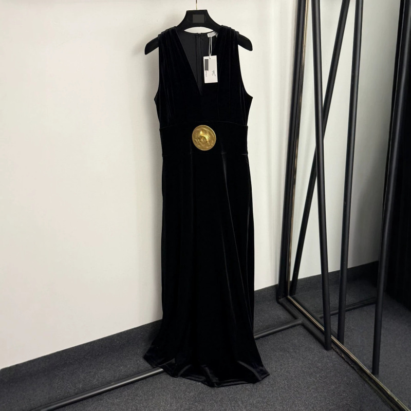 Nanyou High-End Foreign Trade Women's New Style Metal Disc Decoration V-Neck Waist-Cinching Velvet Sleeveless Vest Dress Long Dress