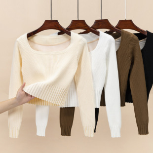 Short Square Collar Knitted Sweater Women's 2024 Autumn and Winter New Slim Fit Inner Sweater with Chest Pad Long Sleeve Top Base Shirt