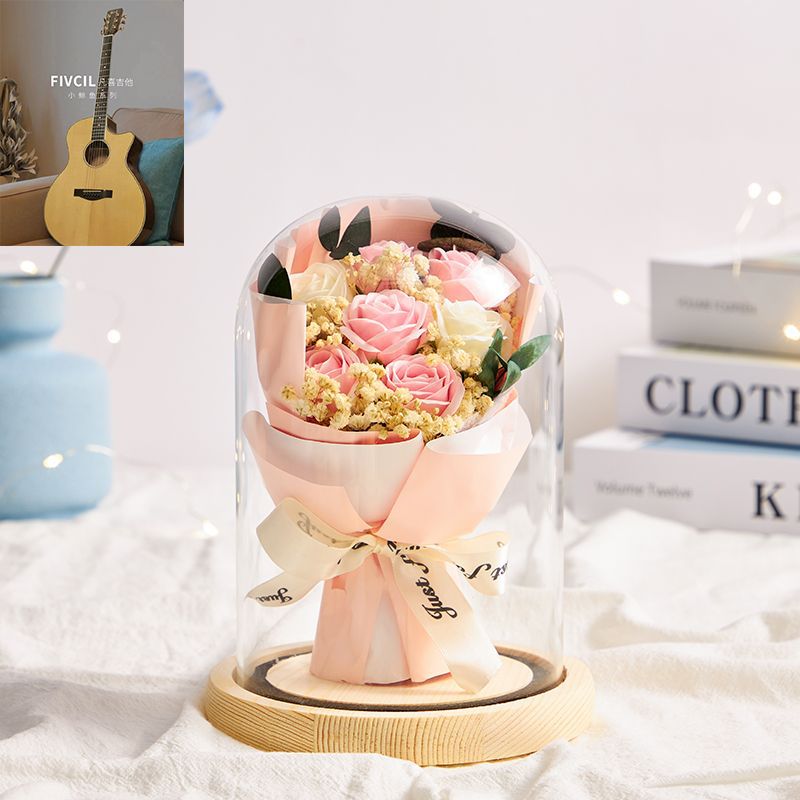 [선물하기 딱 좋아요] 로우 - 핑크/화이트 장미 7송이 - 선물가방 + 축하카드 + 배터리 [완제품 발송]