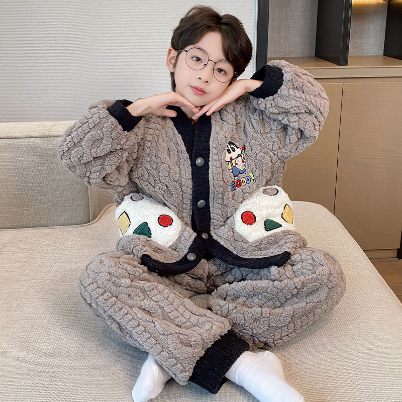 Pijamas de niños de invierno de nuevo estilo de mangas largas con cremallera de ropa cálida para el hogar simple para niños de tamaño medio y grande se pueden usar fuera