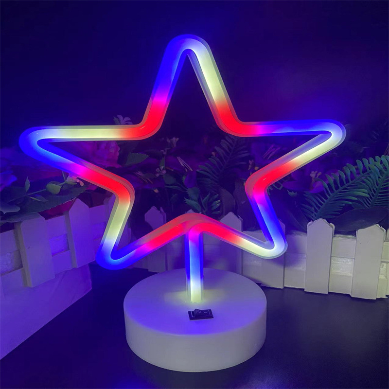 2024新三色五角星霓虹燈LED圓形底座裝飾燈ins小夜燈韓國風彩打