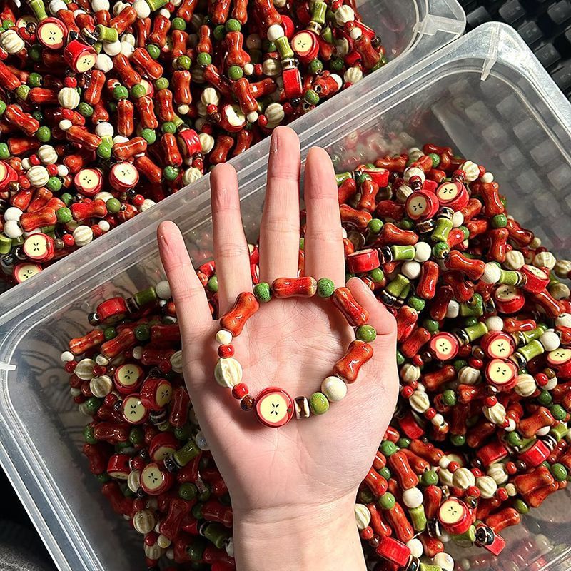 Jingdezhen Ceramic Cute Red Apple Ceramic Bracelet Jewelry Student Hand-Woven Rope Jewelry Boutique Shop