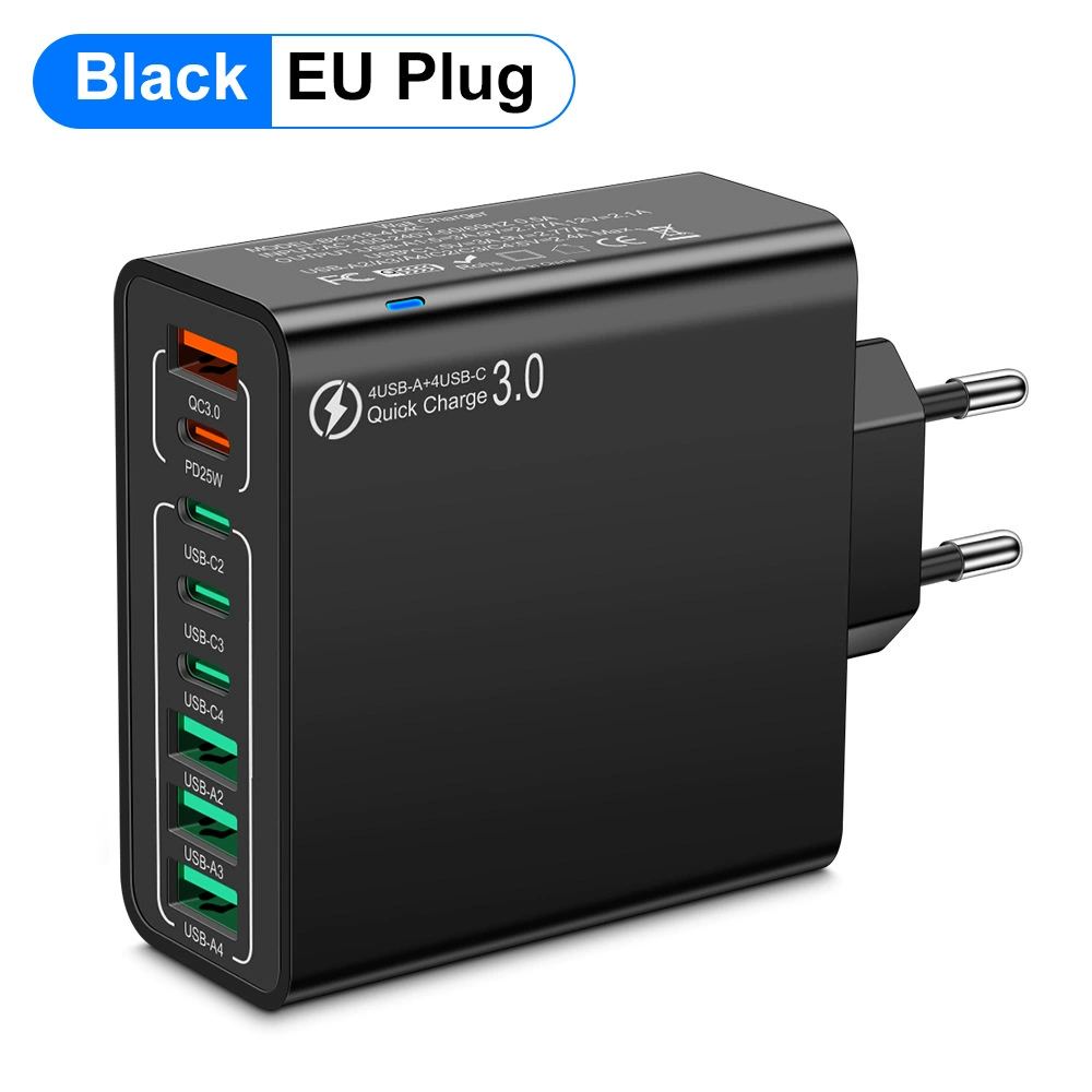 Зарядное устройство для мобильного телефона с 8 портами (4 USB + 4 Type-C), многопортовый быстрой зарядки QC3.0
