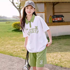 5866少女中大童初高中学生夏季polo衫领T恤短裤运动套装两件套