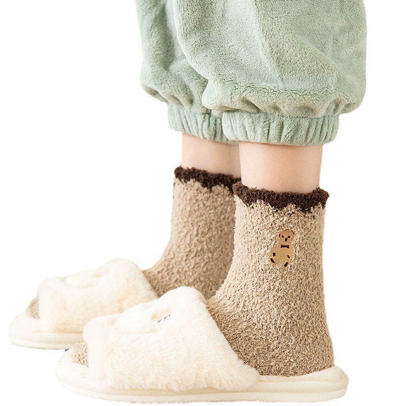 Coral velvet demi-season keep warm cartoon knee socks, with little bears, with embroidery, mid-length, increased thickness