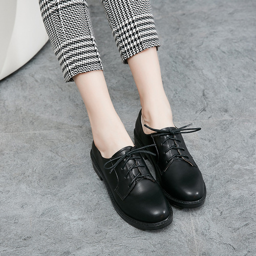 Small leather shoes for women, British style college students, flat lace-up shoes, comfortable and versatile, black formal interview work shoes