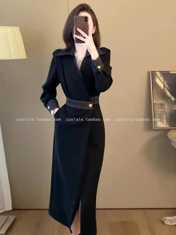 法式赫本风气质黑色长袖衬衫连衣裙女秋季大码胖mm收腰显瘦长裙子|undefined