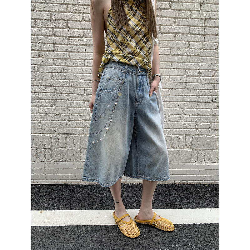 Icc Retro Washed White Denim Cropped Pants with Design and Printed Beaded Chain Wide-Leg Mid-Pants for Women 10079