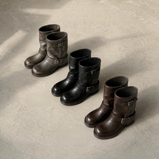 增高5cm~真皮带扣机车靴粗跟短筒骑士靴女秋冬新款百搭堆堆裤管靴
