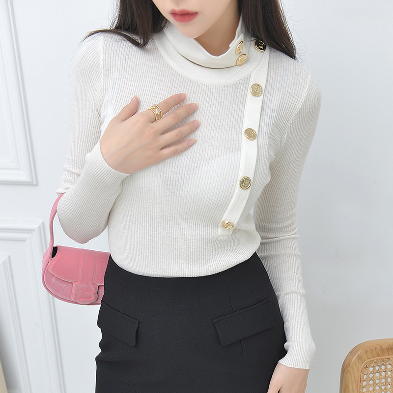 2022 Autumn and Winter New Style Asymmetrical Half-High Collar Halter Neck Pullover Long-Sleeved Metal Button Knitwear Base Layer