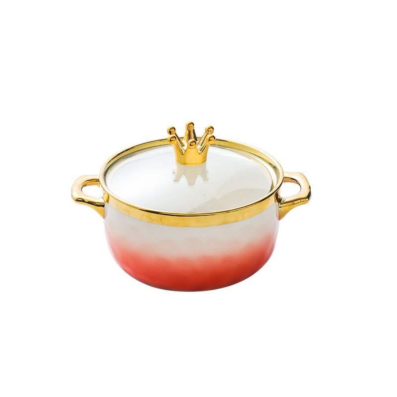 INS japonés-estilo simple tazón de cerámica hogar creativo color sólido gradiente doble-oreja sopa olla con tapa ensalada tazón de fideos instantáneo