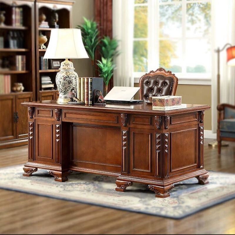 American-Style European Retro Solid Wood Desk, Executive Desk, Study Room Computer Chair, Detailed Carving, Environmentally Friendly E0 Grade, Fully Assembled, Luxurious European Style American-Style European Retro Solid Wood Desk, Executive Desk, Study Room Computer Chair, Detailed Carving, Environmentally Friendly E0 Grade, Fully Assembled, Luxurious European Style