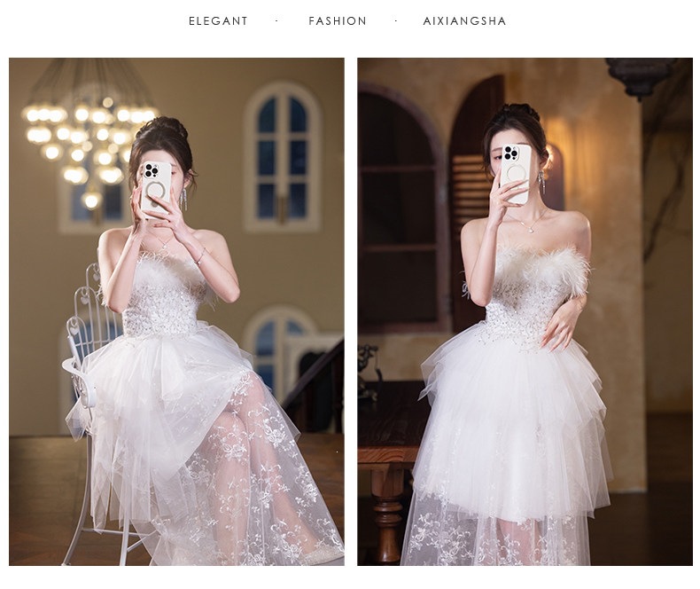 Đầm maxi nữ thắt eo cổ yếm phong cách Pháp, tay lỡ xếp tầng, phối lông vũ trang trí — Trắng chi tiết 11
