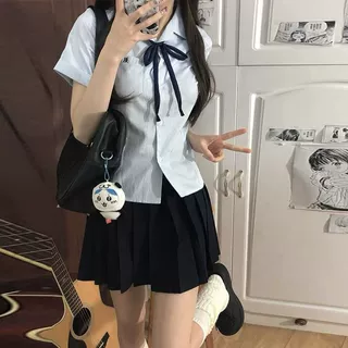 日系套装夏季条纹jk制服衬衫收腰显瘦百褶裙上衣学院短袖衬衣短裙