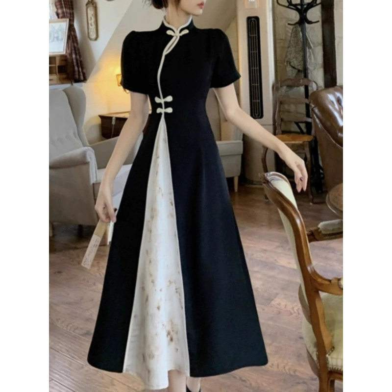 Летняя новая улучшенная юбка Cheongsam в китайском стиле больших размеров для полных мм, черно-белое платье нежного национального стиля контрастного цвета